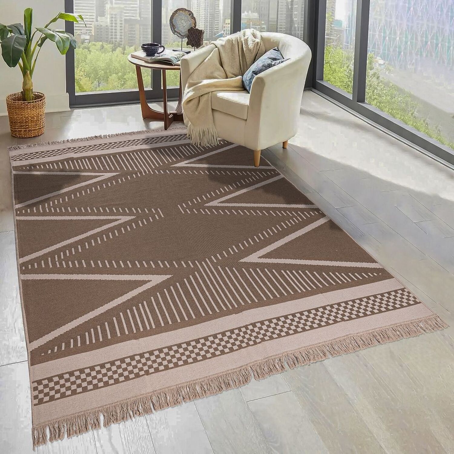 Natural Geometric Aztec Fringed Flatweave Area Rug - Azteca - Natural / 160cm