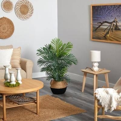 Nearly Natural 40 in. Areca Artificial Palm Tree Boho Chic Handmade Cotton and Jute Black Woven Planter UV Resistant (Indoor/Outdoor)