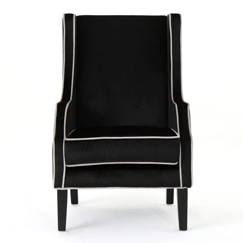 Noble House Eddison Traditional Black Velvet Club Chair with Pearl Accent Piping