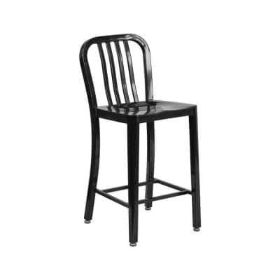 OFFEX 24 in. High Black Metal Indoor-Outdoor Counter Height Stool with Vertical Slat Back