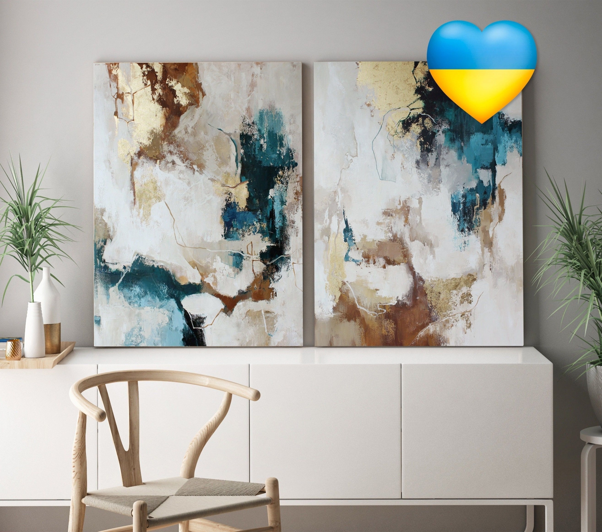 "Original Modern Huge Acrylic Abstract Set of 2 Blue Gold Beige Gray Brown White Painting on Canvas Home Wall decor byMatis Art named\" Flux \""