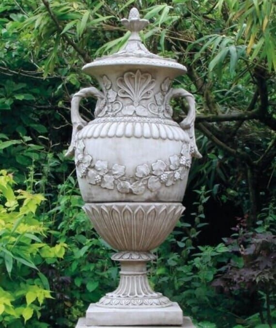 Pair of xl limestone romsey urns | english antique stone vase garden ornament