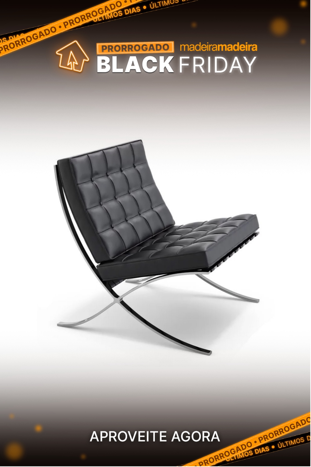 Poltrona Barcelona Cromada Couro Natural Preto