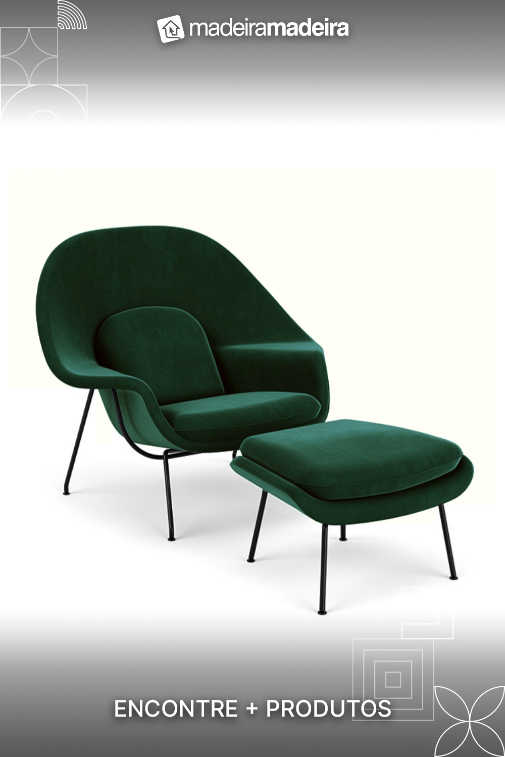 Poltrona Womb Chair com Puff Base Preta Veludo Verde