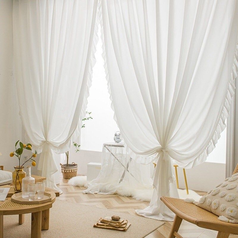 Romance Texture Shabby Chic Ruffle Sheer Curtain, Ruffled Laced Curtain - Custom Sheer Ruffle Voile Tulle, Wedding Ruffle Decoration Curtain