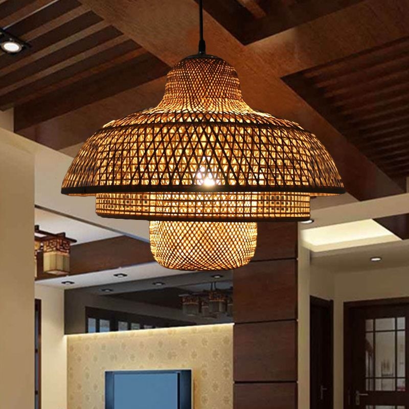 Rustic Tiered Hanging Light Bamboo 1 Bulb Ceiling Pendant Lamp in Wood for Living Room - Wood