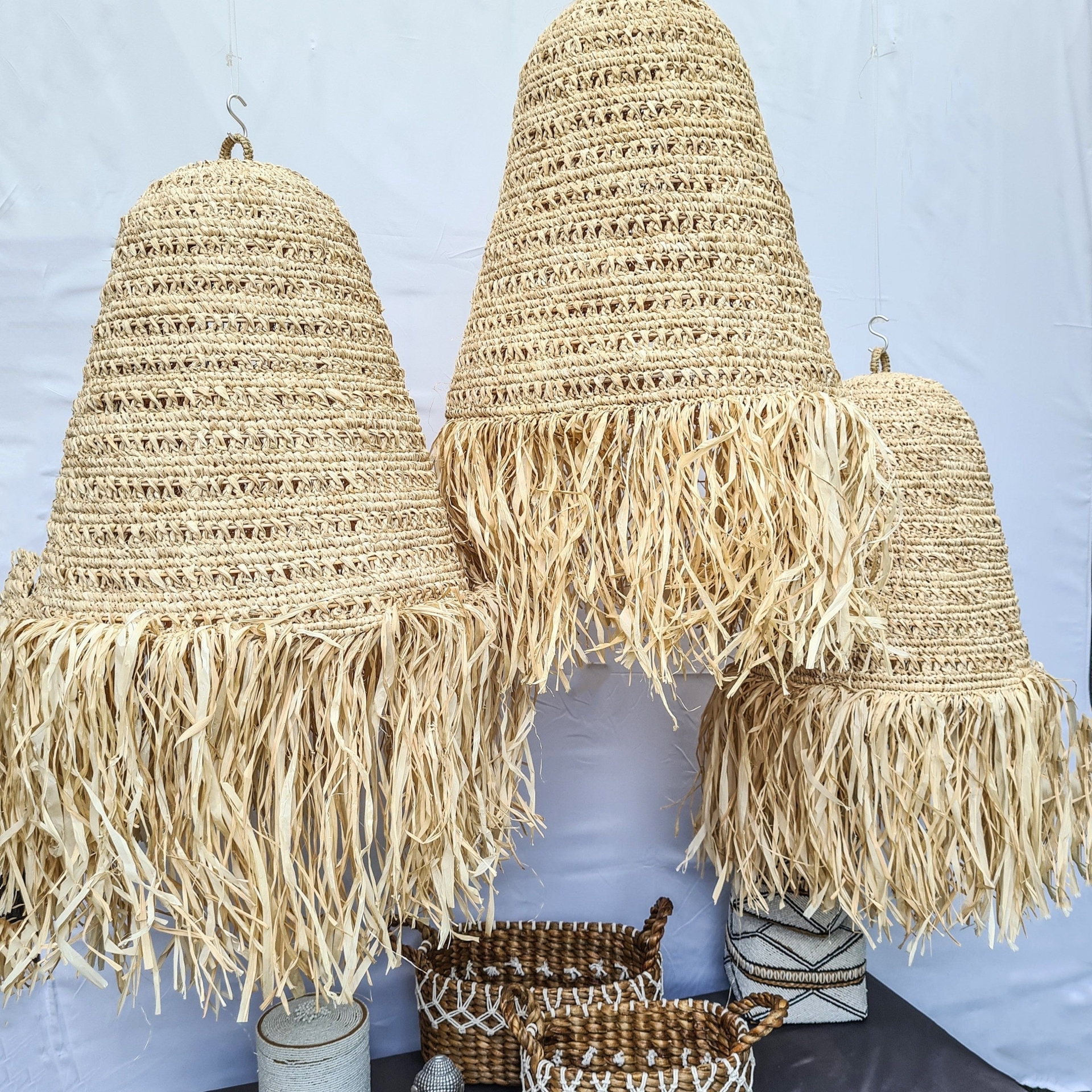 Set of 3 size wicker pendant lamp shade palm leaf boho decor lamp woven interior chandelier hand made eco decor lighting