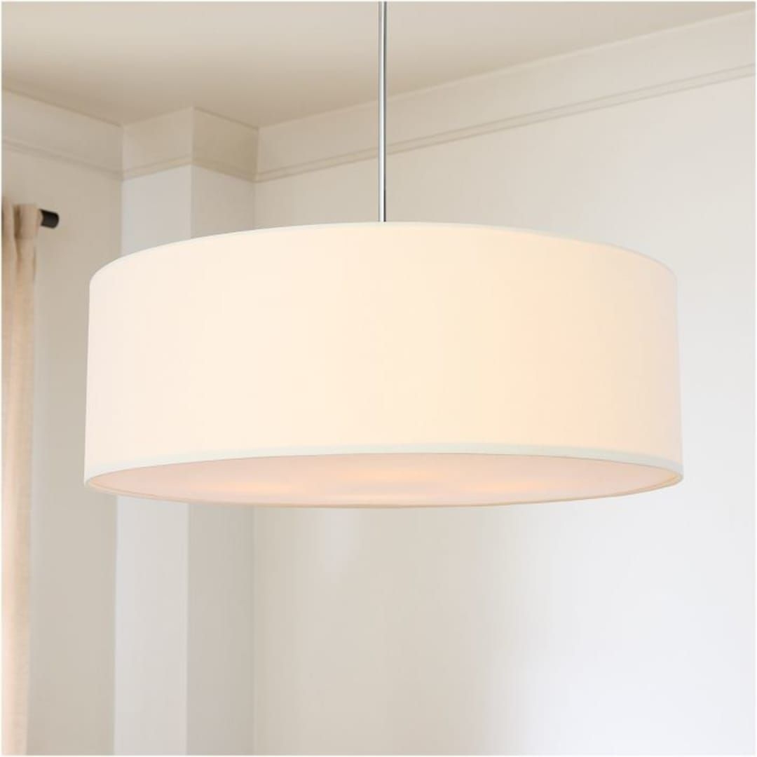 Short Drum Pendant, 33", White Linen, Chrome Cordset