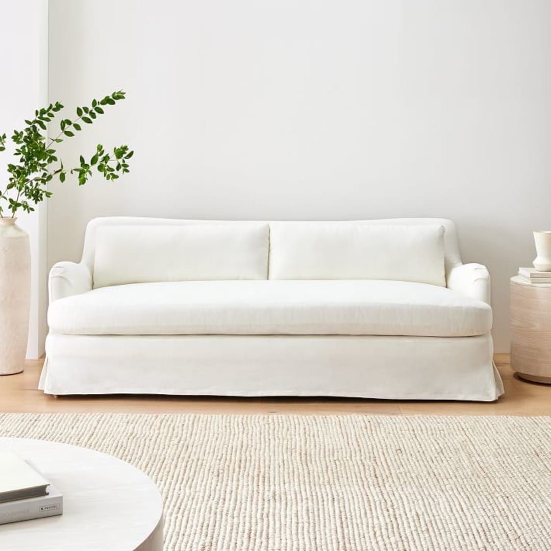 Sophie Skirted Slipcover 62" Sofa, Performance Washed Canvas, Frost Grays