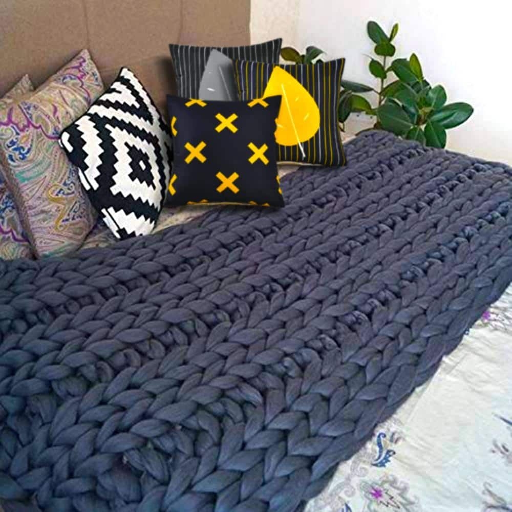 Watnature Chunky Knit Blanket Dark Gray Merino Wool Yarn Luxury Throw Knitted Blanket, Handmade Bed Sofa Chair Mat for Home Decor