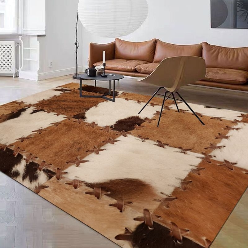 Western Panel Design Carpet Cowhide Indoor Rug Non-Slip Backing Area Carpet for Home Decoration - 5'3 x 7'7 / Yellow/ Black