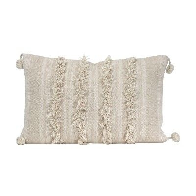 White Striped Hand Woven 14x22" Cotton Decorative Throw Pillow with Hand Tied Fringe and Pom Poms - Foreside Home & Garden