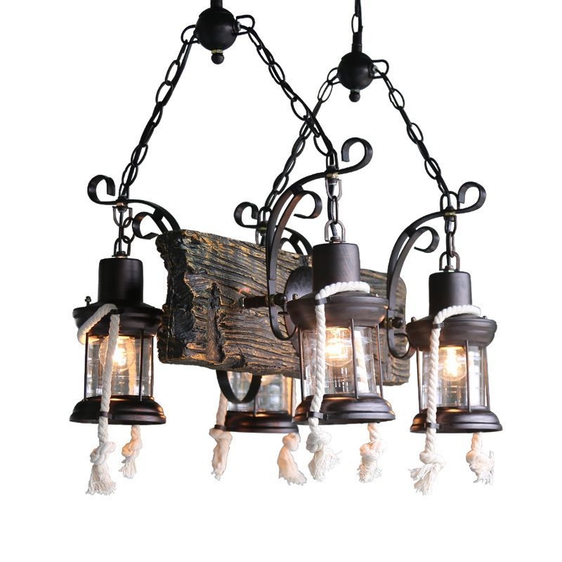 Wood Board Black Island Lamp Linear 4 Lights Nautical Suspension Lighting with Lantern and Hemp Rope - Black