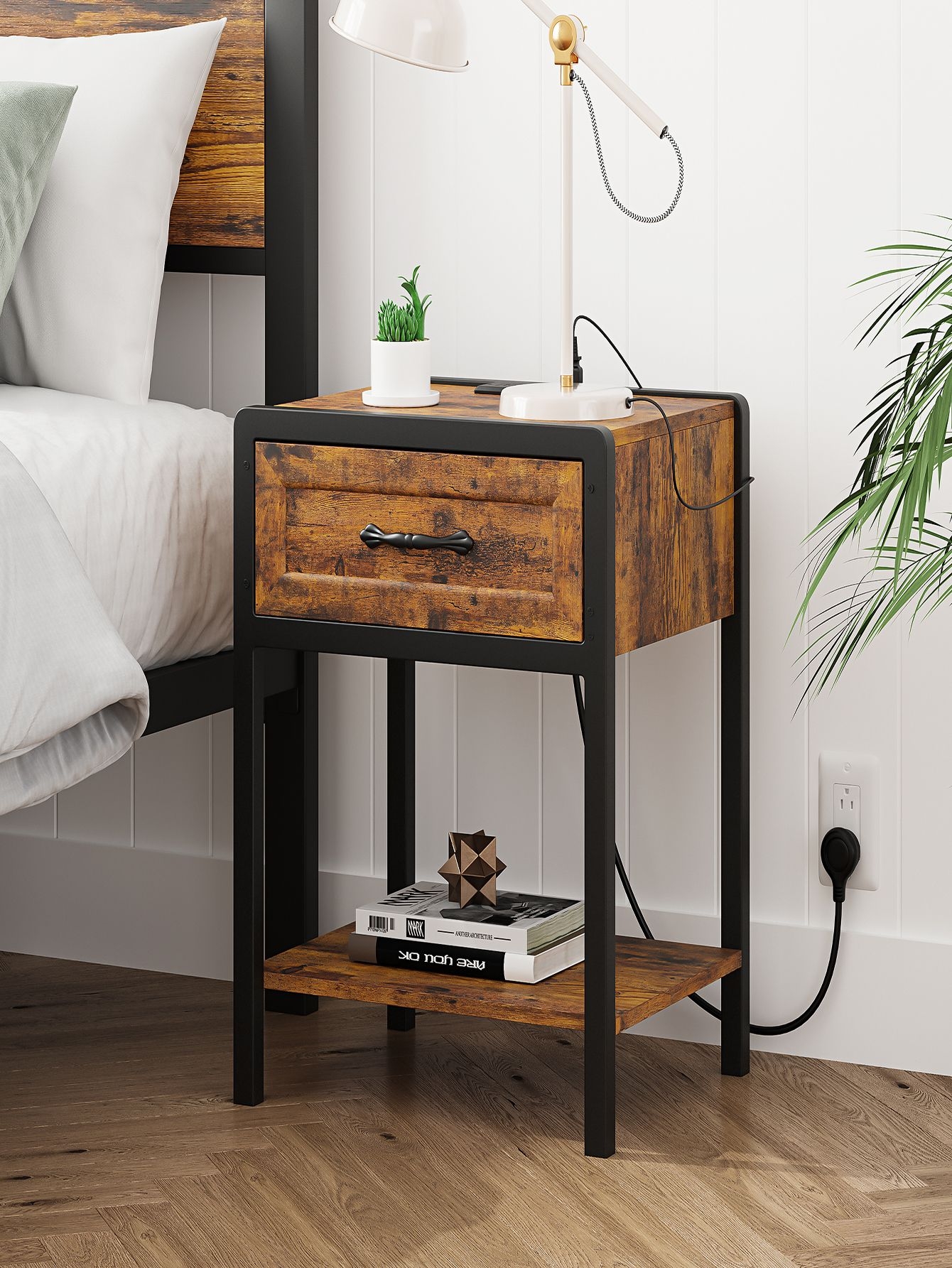 Wooden Nightstand Metal Frame with Charging Station and Wood Storage Drawer, 27" Industrial Bedside Table with Open Shelf and Type C Port Bedroom Side End Table Night Stand for Living Room 2PCS