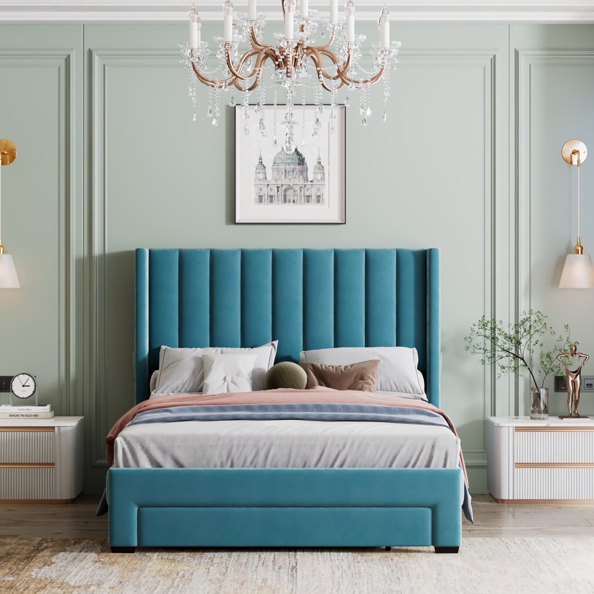 Full Size Velvet Upholstered Platform Bed with a Big Drawer