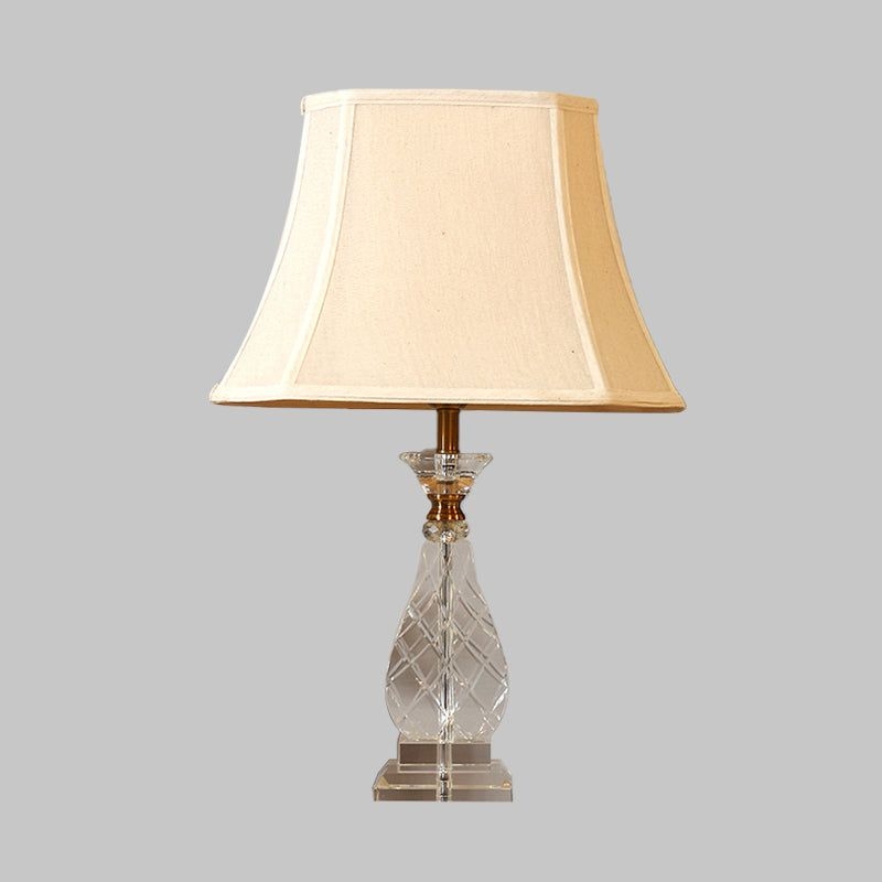 1 Light Fabric Night Lamp Traditionalism Beige Paneled Bell Bedroom Nightstand Light with Crystal Base - Beige