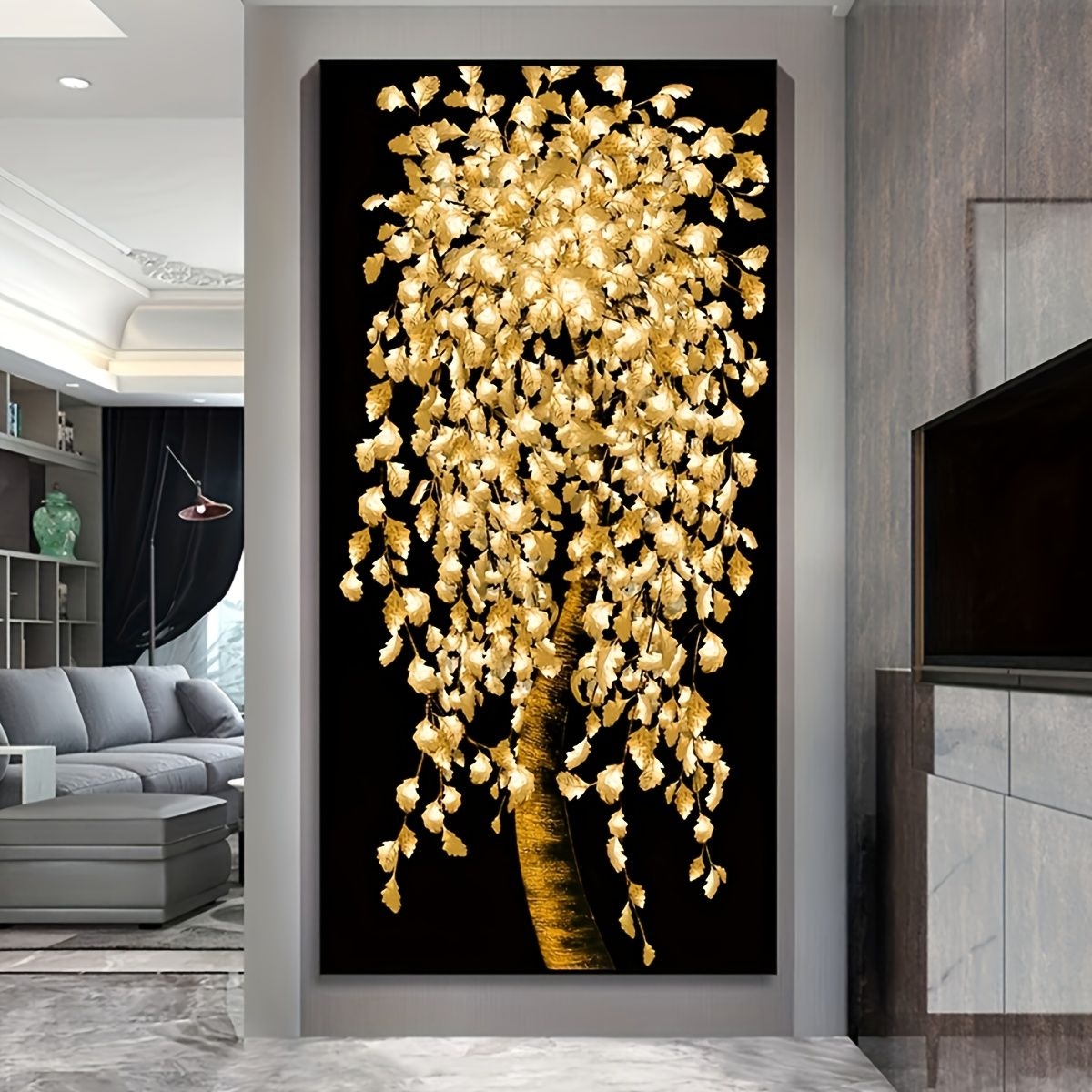 1pc Abstract Canvas Print Poster, Golden Leaves And Flower Tree Canvas Wall Art, Artwork Wall Painting For Bathroom Bedroom Office Living Room Wall Decor, Home Decoration, No Frame