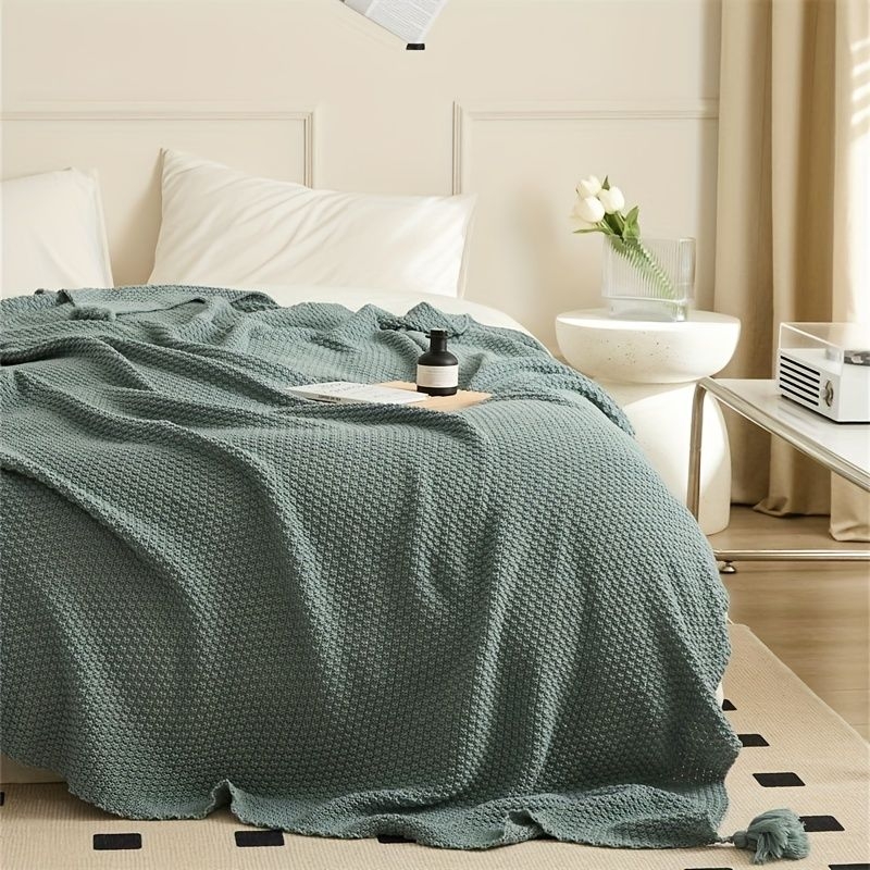 1pc Solid Color Tassel Knitted Throw Blanket Sofa Blanket Shawl Blanket Soft Wear Matching Car Blanket