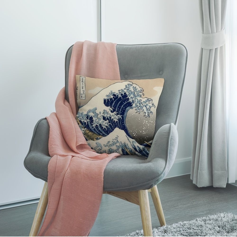 1pc Wave Pillow Case, Japanese Hokusai The Great Wave Of Kanagawa Short Plush Cushion Cover Square Standard Home Decorative Throw Pillow For Menwomen 18x18 Inch Brown White. Home Decor, Room Decor(no Pillow Core)