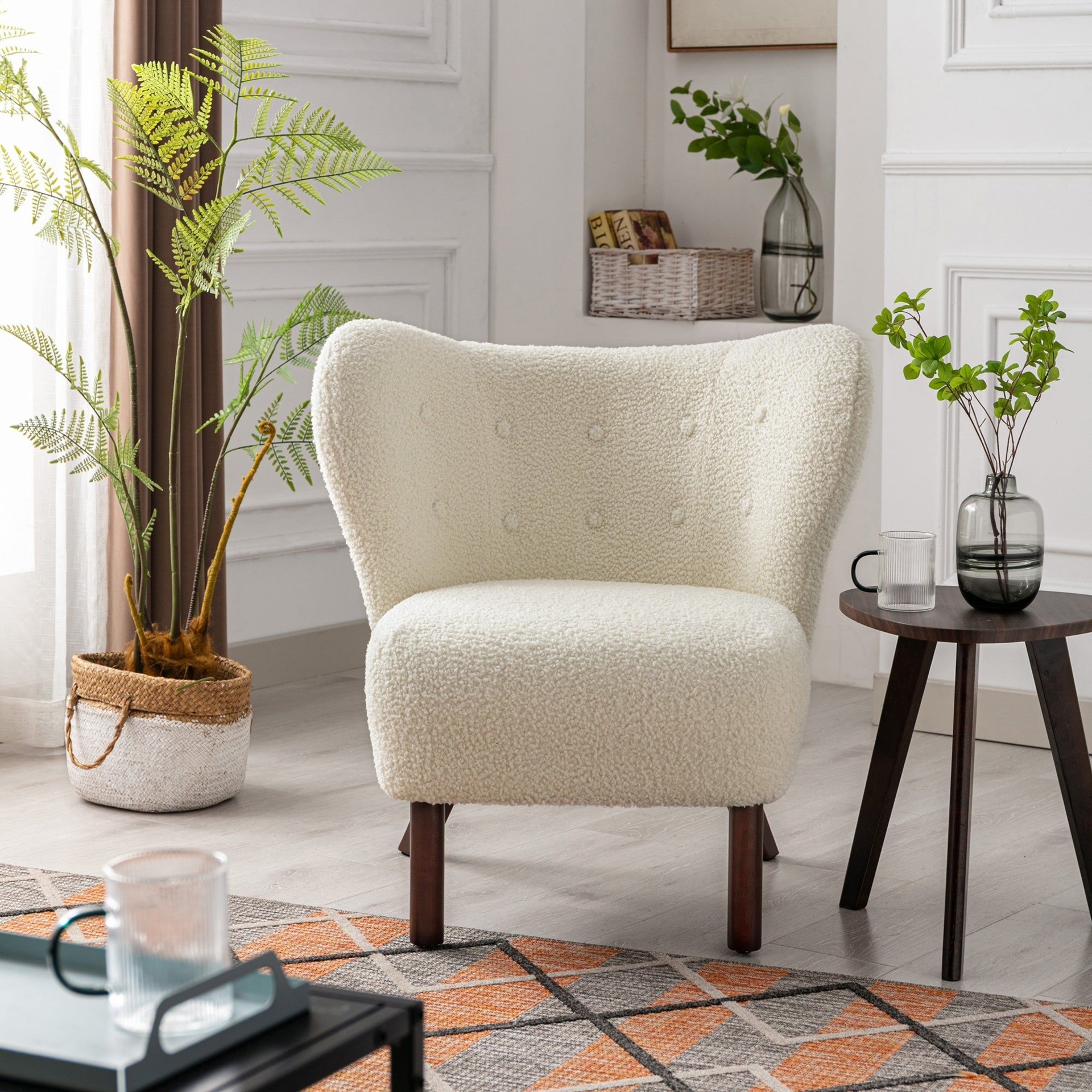 Accent Chair Lambskin Sherpa Wingback Tufted