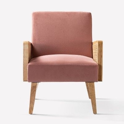 Chlo Rattan Cane Accent Arm Chair with Wood Base Upholstered  | Karat Home - Blush