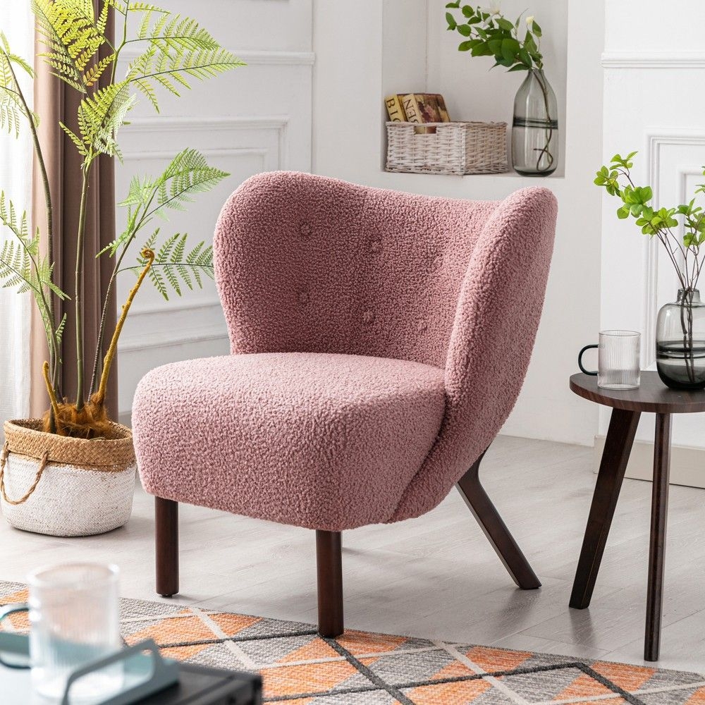 Cindy 30.70" Wide Blush Faux Shearling Upholstered Wingback Tufted Thick Seat Cushion With Solid Wood-Maison Boucle