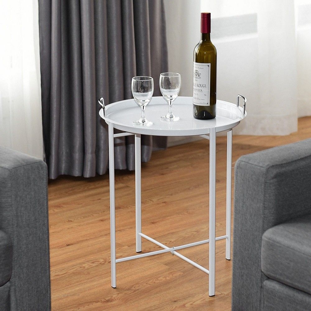 Costway Metal Tray Table Round End Table Sofa SideTable Living Room Bedroom White