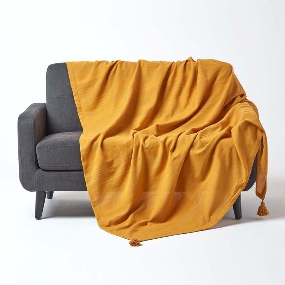 Cotton Rajput Ribbed Mustard Throw - Mustard / Large