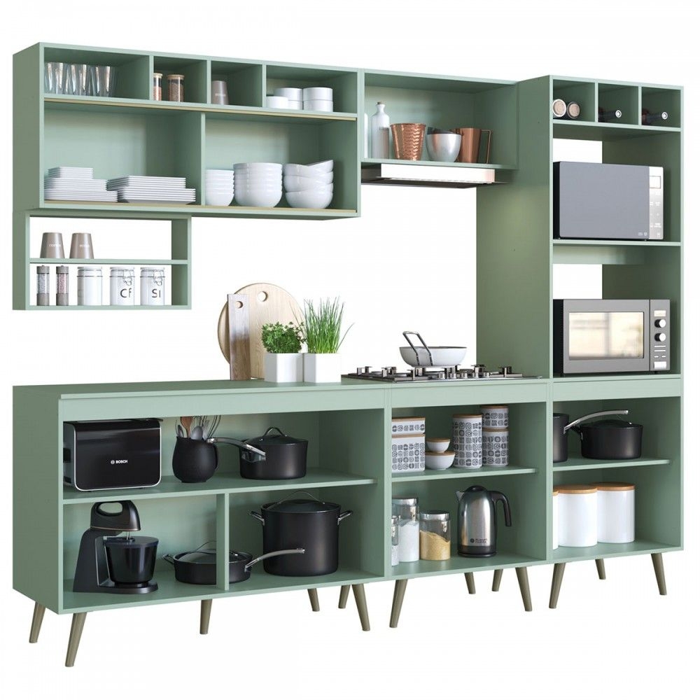 Cozinha Completa One 9 Portas com Vidro 6 Prateleiras Verde Bellagio - Gralar