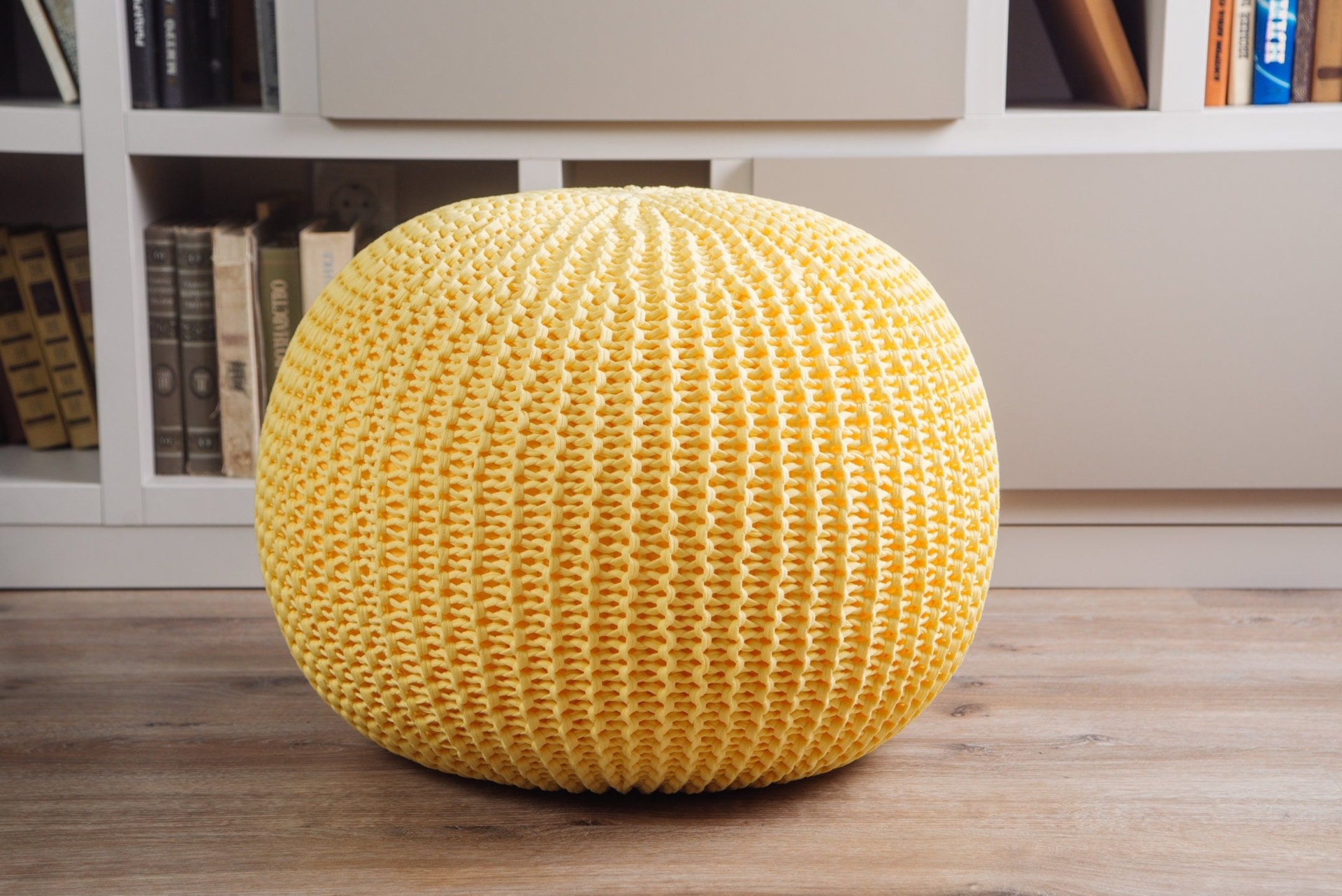 Crochet yellow pouf Knitted floor pillow Knitted ottoman pouf Footstool Nursery decor Scandinavian pouf Living room decor Kids furniture