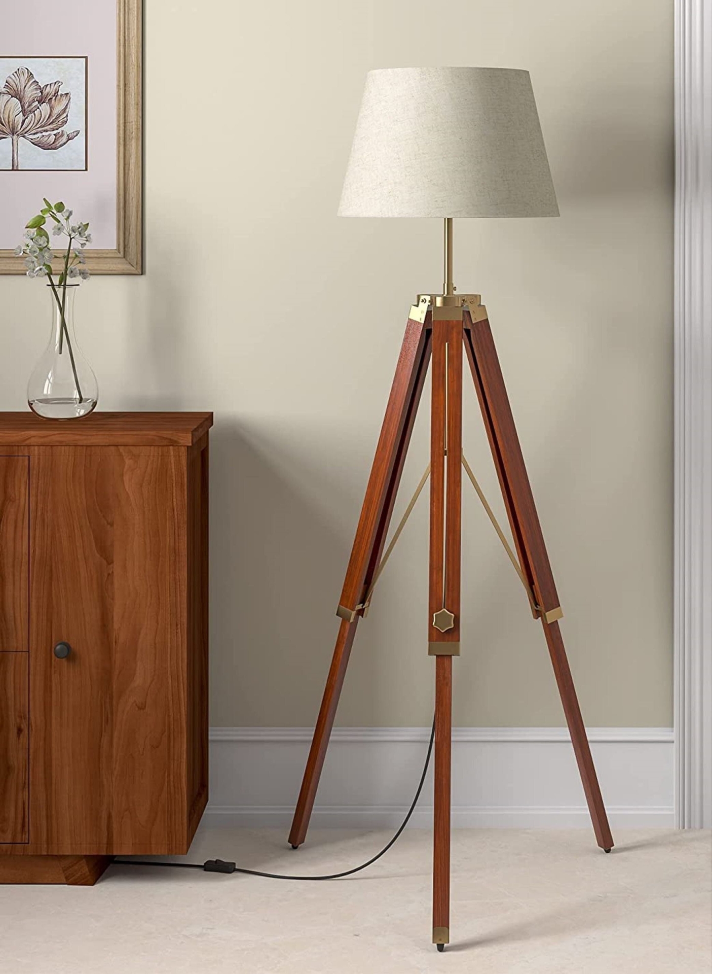 Decorative Floor Lamp Polish Wooden Tripod Stand Corner Shade Lamp Wooden Brown Lamp Tripod Floor Lamp Living Room Bedroom Standing Lamp