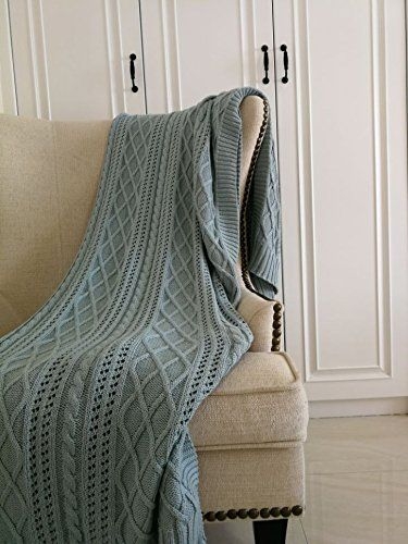 Dokot Diamond Cable Knitting Pattern 100 Cotton Knitted Throw Blanket All Season Couch Sofa Chair Bed Cover Blue, Turquoise Blue