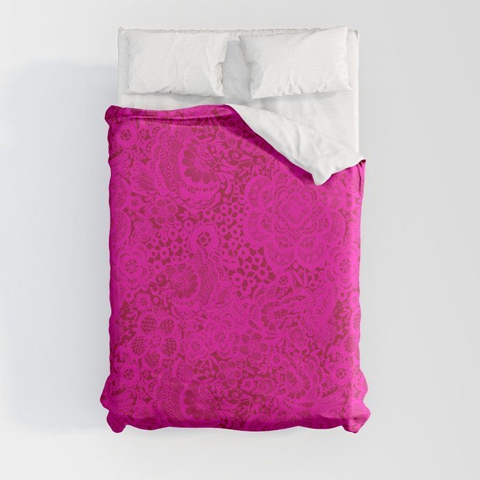 Duvet Cover | Fuchsia Pink And Magenta Lace With Birds And Flowers by Magenta Rose Designs - Full: 79" x 79" - Microfiber Polyester - Society6