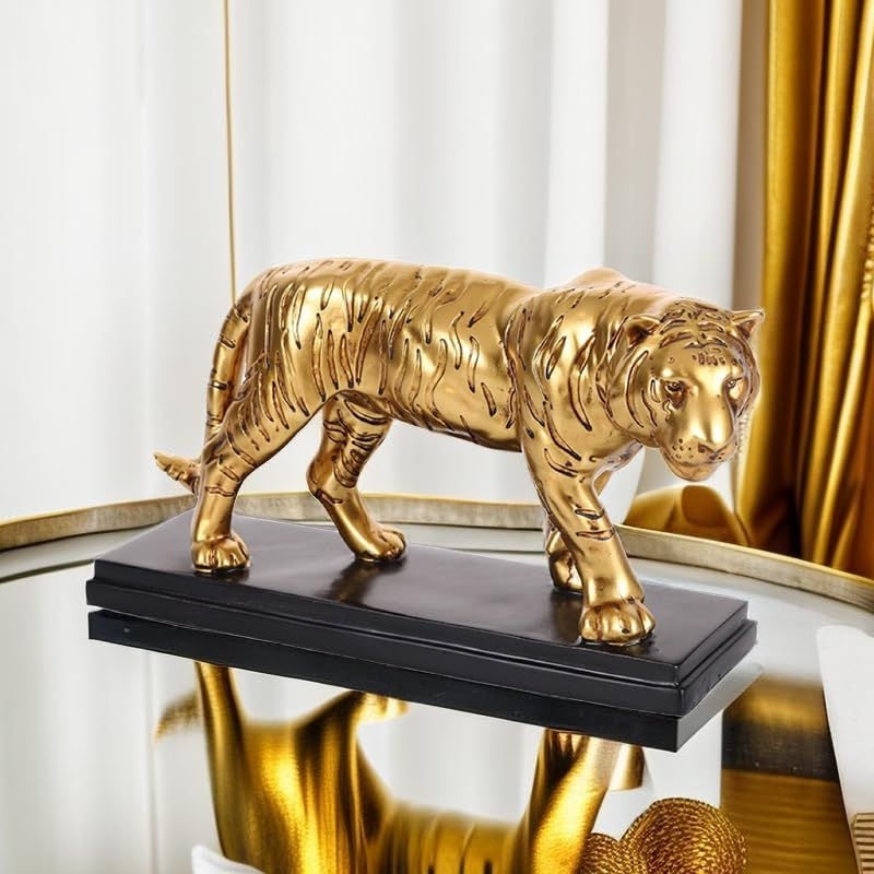 Dwysswyd Tiger Statue Figurine in Resin Animal Sculpture Modern Home Decor Realistic Tiger Sculpture Gift for Home Office Table Top Desktop Decoration 10.62" L X 6.29" H (Golden)