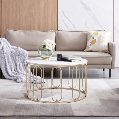 Everly Quinn White Round Coffee Table For Living Room Metal in Black / White / Yellow, Size 18.11 H x 31.5 W x 31.5 D in | Wayfair