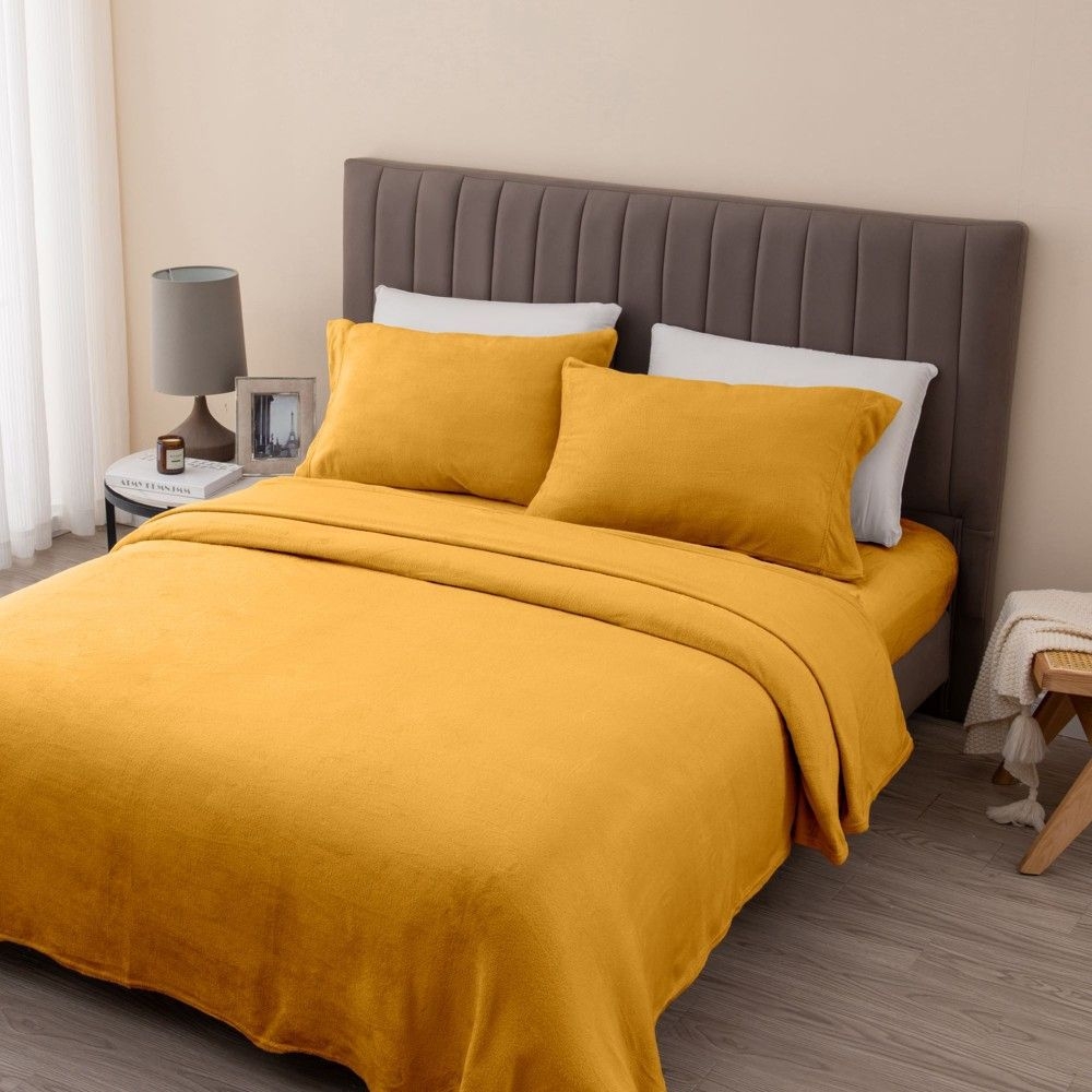 Great Bay Home Solid Velvet Plush Warm and Cozy Fleece Sheet Set (Queen, Marigold)
