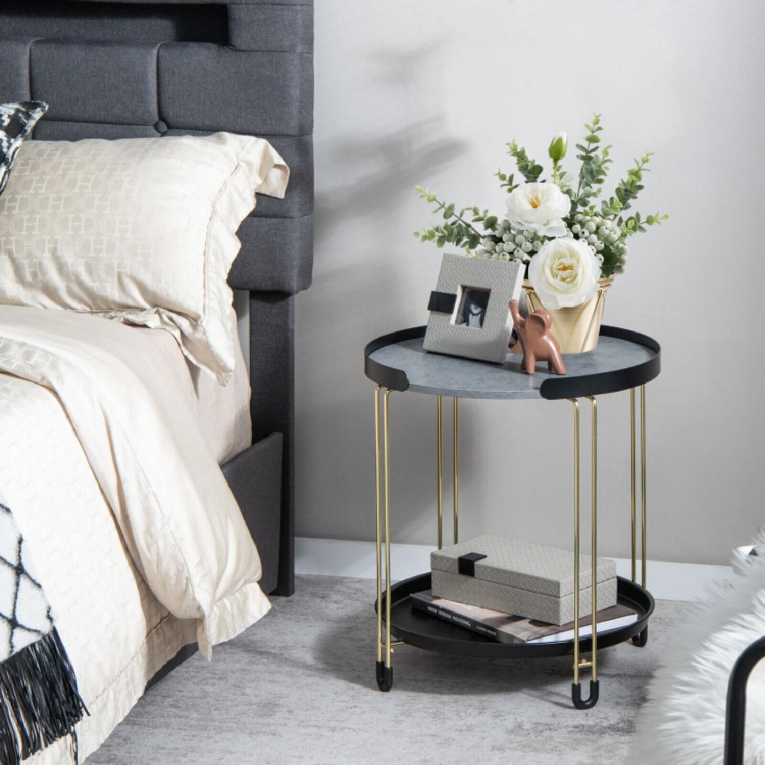 Hivvago 2-Tier Round Side Table with Removable Tray and Metal Frame for Small Space Nightstand in Golden | Mathis Home
