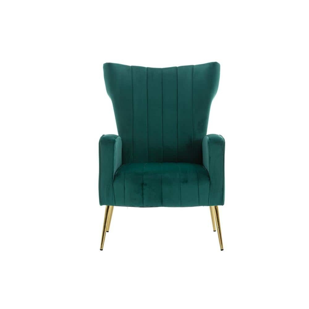 HOMEFUN Emerald Velvet Wingback Chair with Golden Legs, Green