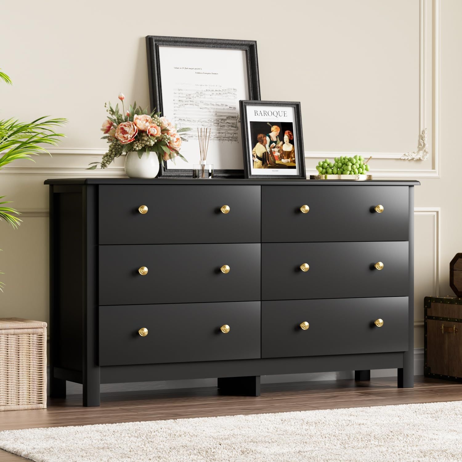 HOUROM Black Dresser, Modern 6 Drawer Double Dresser for Bedroom with Gold Pulls, Wide Chest of Drawers for Living Room