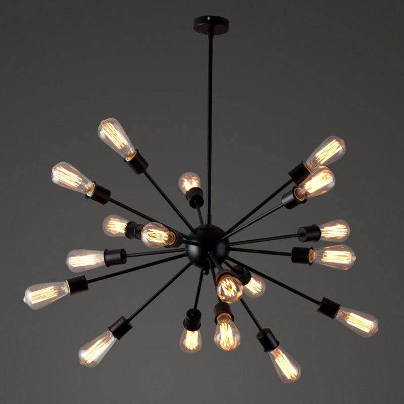 Iron Black Finish Pendant Chandelier Sunburst 18 Heads Industrial Suspension Light for Dining Room - Black