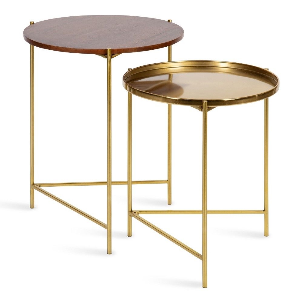 Kate and Laurel Ulani Round Wood Nesting Table, 2 Piece, Walnut Brown and Gold
