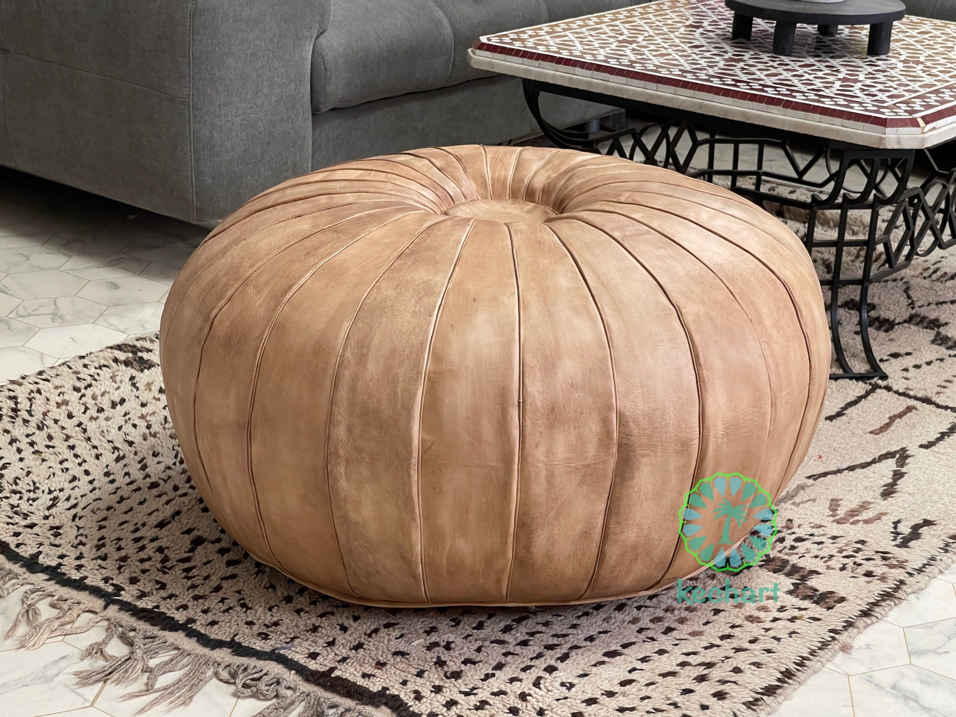 Kechart - Leather Moroccan pouf, floor ottoman, cover, home decor, genuine leather, tissue, Chairs and ottomans, seat cushion, footstool