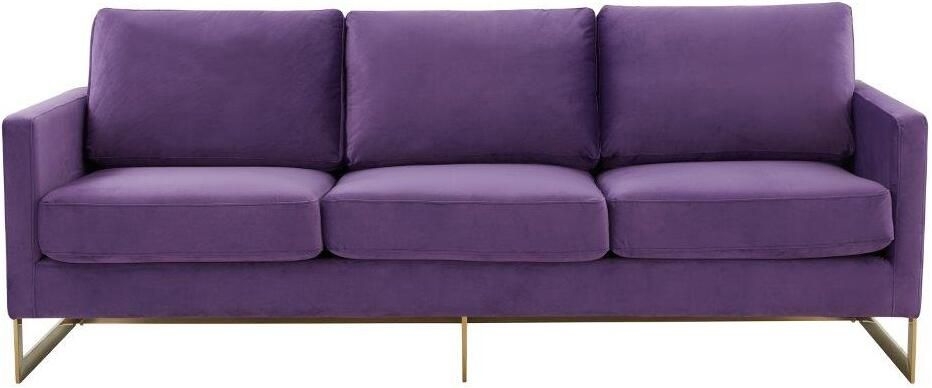 LeisureMod Lincoln Modern Mid-Century Upholstered Purple Velvet Sofa with Gold Frame | 1StopBedrooms