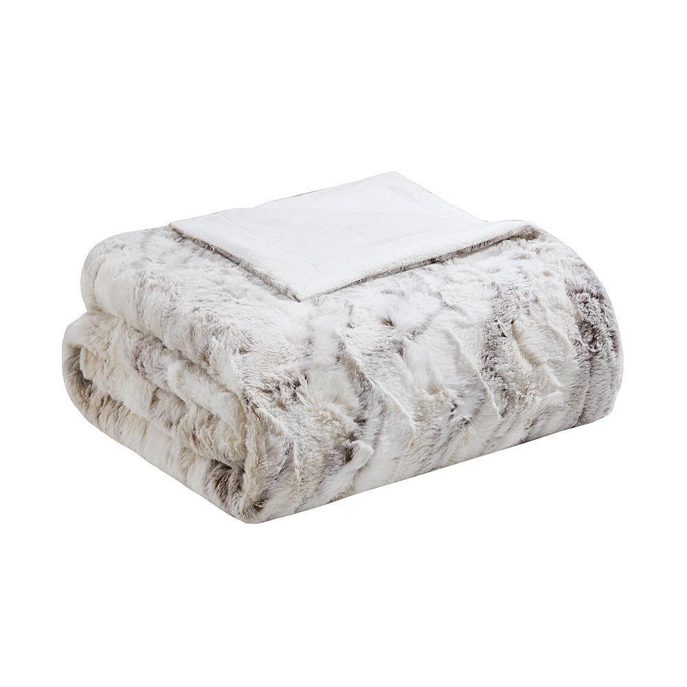 Madison Park Sachi Oversized Marble Print Faux Fur Throw Blanket, Natural