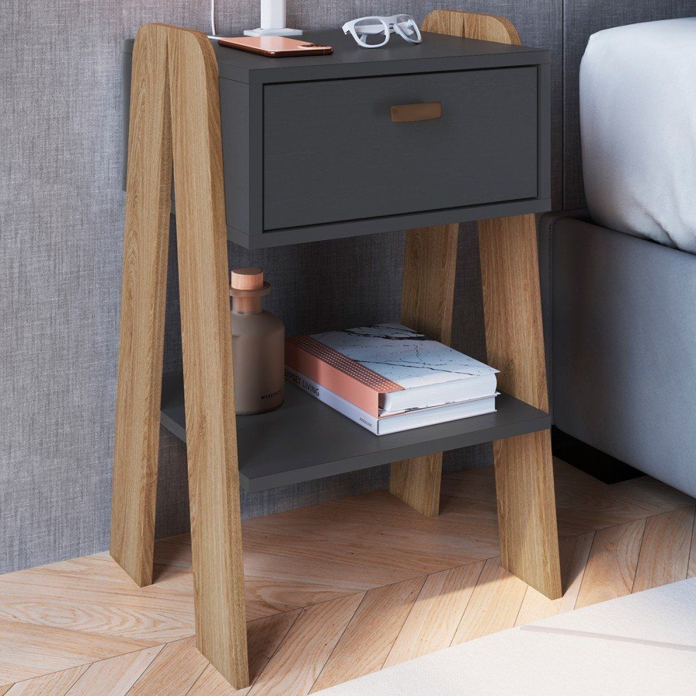 Mesa de Cabeceira Terni 1 Gaveta com Tomada Grafite/Aveiro Oak - Completa Mveis