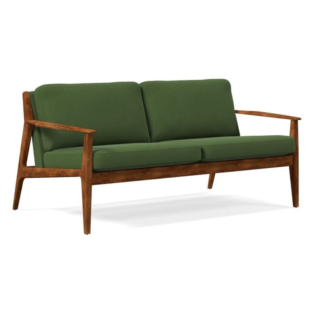 Midcentury Show Wood 66" Sofa, Velvet, Grass, Pecan