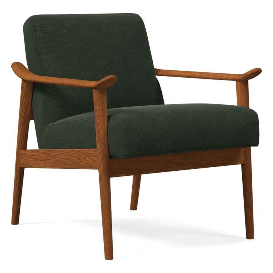 Midcentury Show Wood Chair, Poly, Distressed Velvet, Evergreen, Pecan