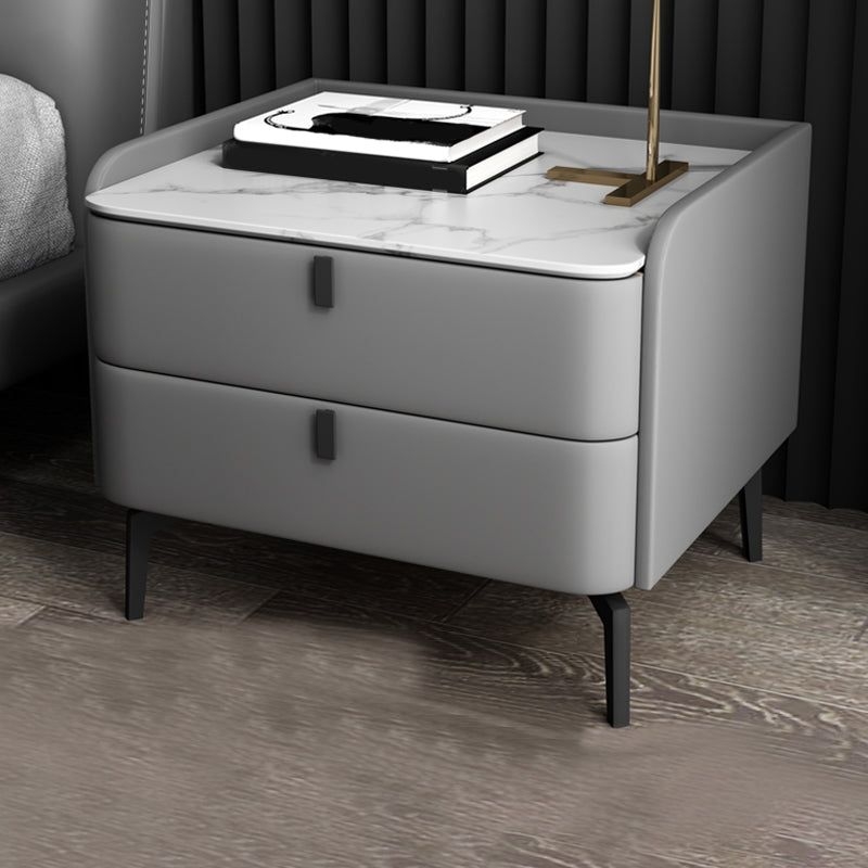 Modern 20-inch Tall Solid Wood Night Table  2-Drawer Stone Top Nightstand 20"L x 16"W x 20"H-Light Gray