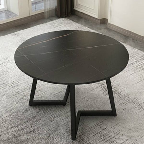Modern Style Sintered Stone Dining Table Round Table with Double Pedestal Base - Black / 35.4L x 35.4W x 29.5H / Without Chairs