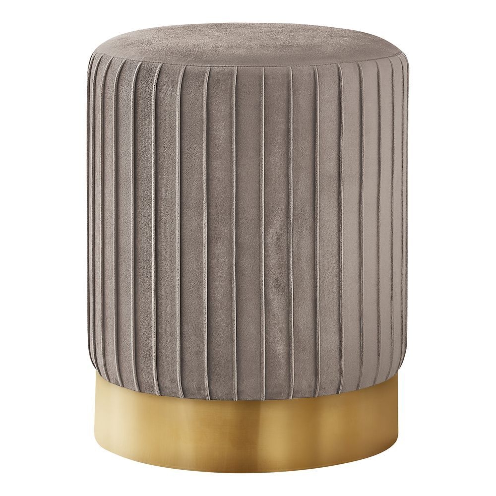Ottoman - Pleated / Metal Base / Cylindrical Upholstered Pouf - 18"H - Light Brown Velvet / Gold